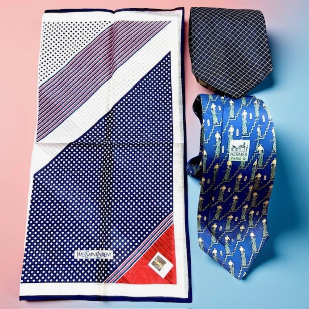 Set Necktie Silk : Hermes Paris & Les Mues Paris Blue + YSL Handkerchief 16"(48 - Picture 4 of 15